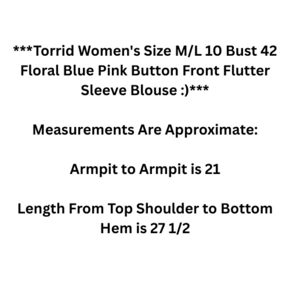 Torrid Women's Size M/L 10 Bust 42 Floral Blue Pink Button Front Flutter Sleeve - Picture 12 of 13